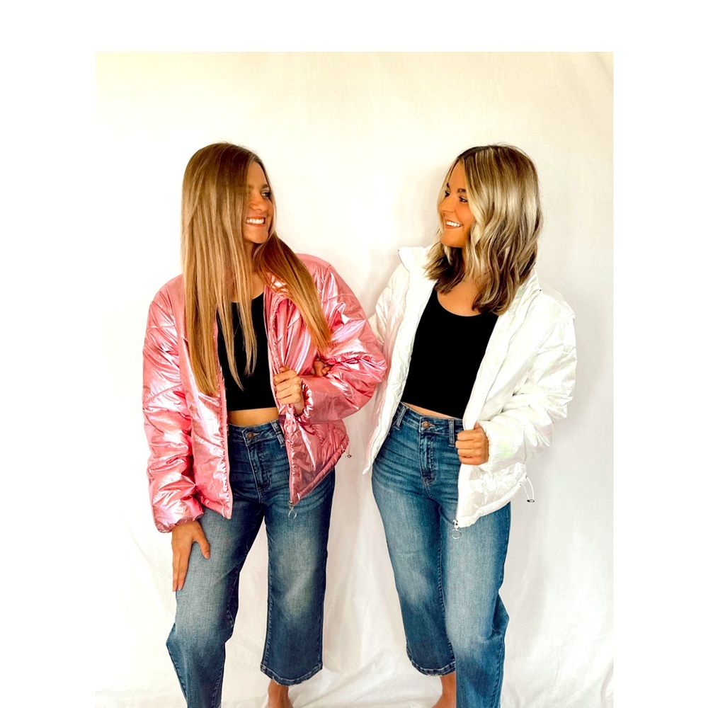 Iridescent Pink and White Puffer Jackets.